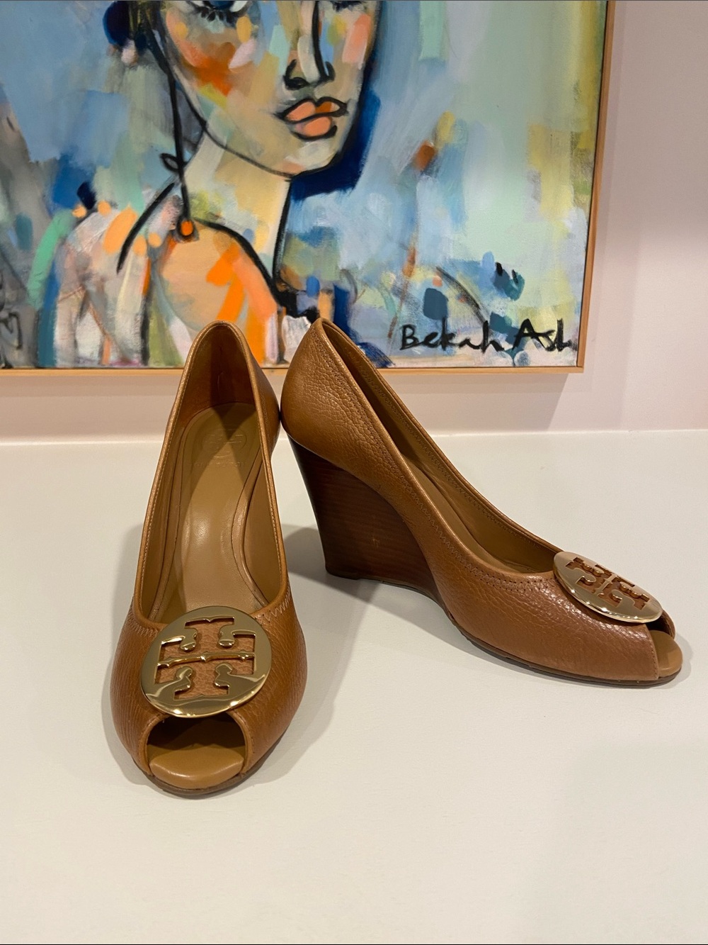 Tory Burch Brown Peep-Toe Leather Wedge Pumps with Gold Logo